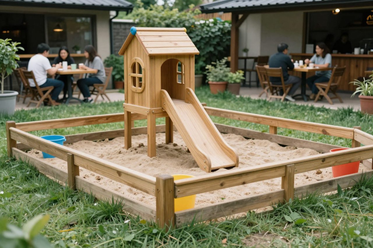 Dětský koutek na zahradě s pískovištěm a skluzavkou