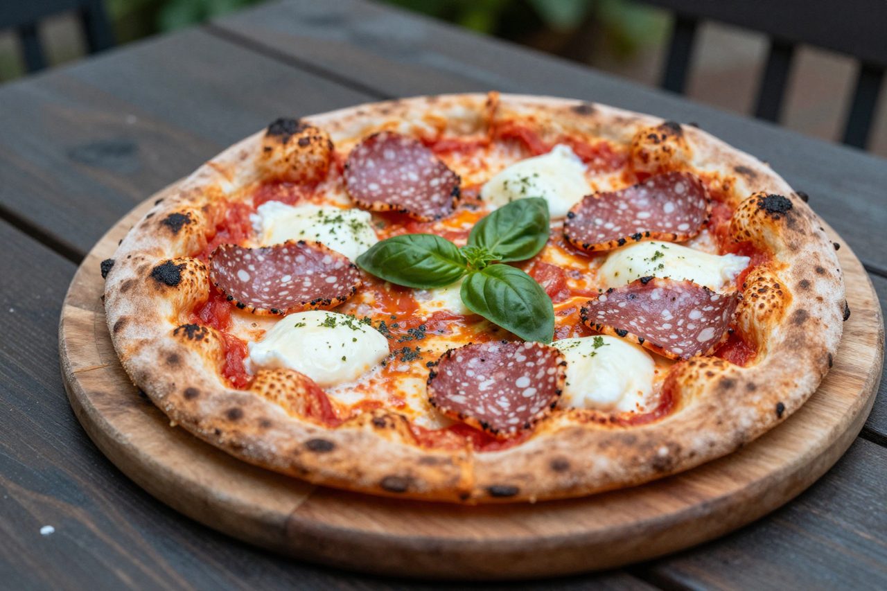 Pizza z pece na dřevěném prkénku